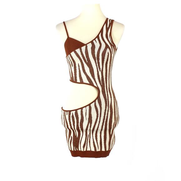 Retrofete Dimi Zebra Mini Dress Brown Cream Cut Out Sleeveless Ribbed Knit XS - Picture 2 of 8